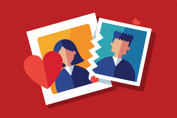 Poster - Heartbreak illustrated in a vector graphic showing a couple separated by a torn photo, symbolizing the emotions of lost love and connection in a modern context