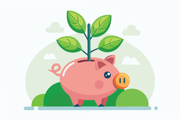 Poster - Cute pink pig with green leaves growing from its back in a simple vector illustration against a blue background