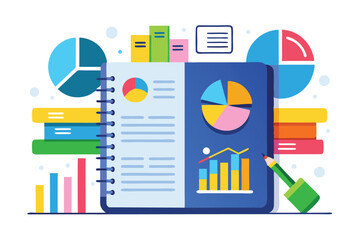Aufkleber - Illustration of a notebook filled with colorful charts and graphs surrounded by books and data visuals in a bright, engaging workspace