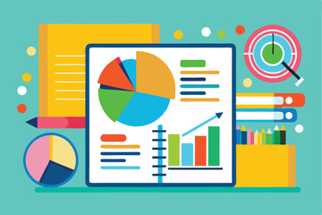 Poster - illustration of a notebook filled with colorful charts and graphs surrounded by books and data visua