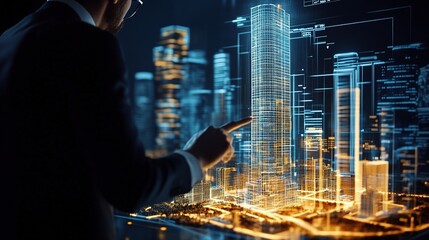 Poster - Engineer Reviewing 3D Holographic Model of Urban Architecture Design