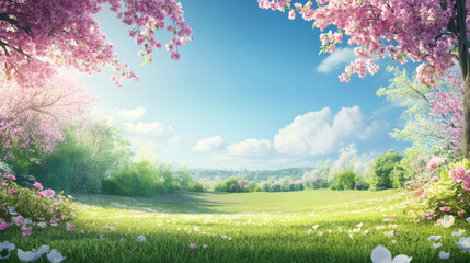 Poster - Cherry blossoms surrounding verdant meadow, white wildflowers blooming beneath azure sky on bright spring morning