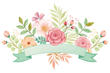 Poster - Beautiful floral illustration featuring various flowers and greenery with a blank ribbon design for customizable text