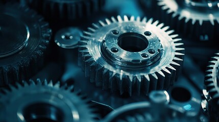 Poster - Close-Up of Interlocking Metal Gears in an Industrial Setting