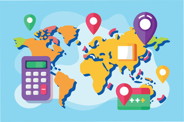 Fototapete - Colorful vector illustration depicting a world map with location markers and a calculator representing global data analysis