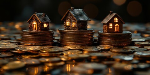 Poster - Miniature houses illuminated on stacks of golden coins representing wealth accumulation and real estate investment concepts in a beautiful bokeh background
