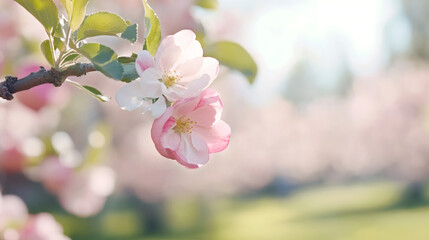 Poster - Soft pink-white apple blossoms glowing in sunlight, branch details emerging against blurred flowering orchard backdrop
