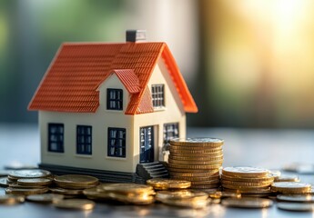 Poster - Model house surrounded by stacks of coins representing investment in real estate, financial growth, and property market opportunities in a warm setting