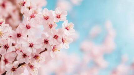 Poster - Cherry tree flowers blooming vibrantly in spring, showcasing delicate pink petals against a beautiful bokeh and bright blue sky