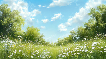 Aufkleber - White daisies blooming in a large field surrounded by trees under a blue cloudy sky during a sunny summer day