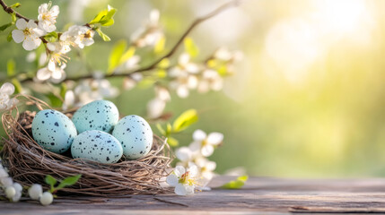 Aufkleber - Light blue speckled easter eggs in a nest on a wooden table with blooming spring flowers and a blurred background
