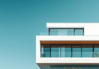 Poster - Modern architectural design featuring a sleek building facade with large glass windows and a minimalist aesthetic against a clear blue sky