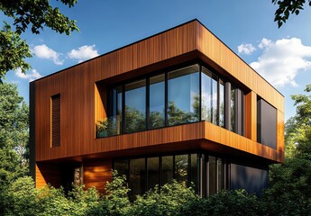 Aufkleber - Modern architectural design featuring sleek wooden exterior with large glass windows surrounded by vibrant greenery and a clear blue sky