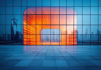 Poster - Modern architectural design featuring vibrant orange glass structure through reflective windows in an urban city skyline at dusk.