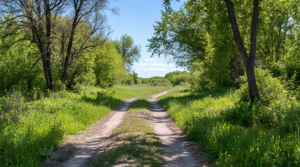Poster - Verdant meadow splitting into two winding paths, lined with trees, bathed in warm spring sunlight