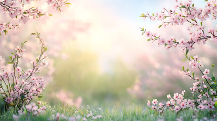 Poster - Pink cherry blossoms framing a beautiful sunny meadow in spring, creating a dreamy natural background