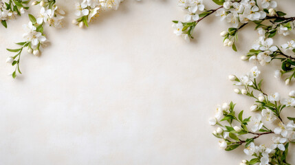 Poster - Spring flowers branches creating a frame on beige textured background with copy space for greeting card or wedding invitation
