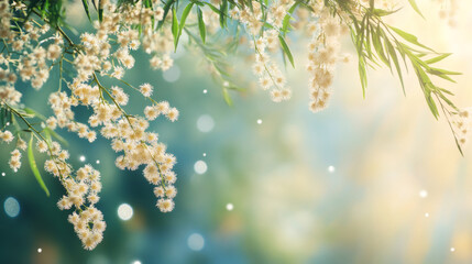 Poster - Mimosa branch featuring delicate white blossoms, verdant leaves spreading softly against warm sunlit bokeh background, highlighting gentle botanical detail