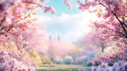 Poster - Delicate pink blossoms surrounding verdant meadow during soft, luminous spring scenery