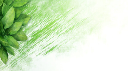 Fototapete - Green leaves arranged on a textured green and white background with diagonal brushstrokes, ideal for nature-themed designs