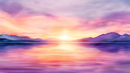 Wall Mural - Sunset watercolor rendering, tranquil lake surface mirroring mountainous landscape, dark forest silhouettes framing serene twilight scene