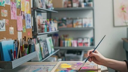 Poster - Talented artist delicately applying vibrant colors to a canvas, creating an abstract masterpiece in a well organized studio filled with art supplies and inspiration pinned to a corkboard