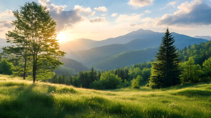 Aufkleber - Mountain valley glowing with golden sunset light, verdant trees and grasslands spreading across tranquil landscape