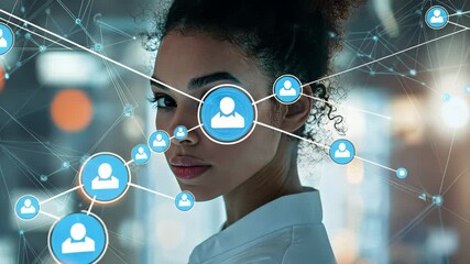 Poster - Exploring connections in scientific research with a biracial female scientist in a modern laboratory setting, network of connections over biracial female scientist in laboratory