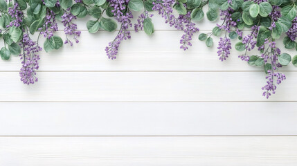Poster - Purple lavender blossoms cascading over weathered white wooden planks, forming delicate botanical border