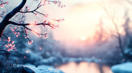 Aufkleber - Delicate pink cherry blossoms adorning snow-covered branch, soft sunrise light illuminating riverside winter landscape