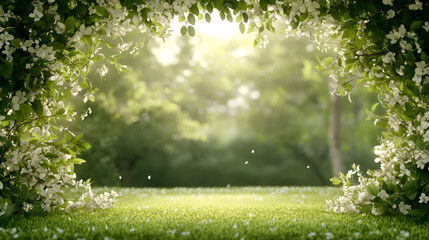 Poster - White flowers falling on a sunlit meadow, framed by blooming apple tree branches, create a beautiful spring scene