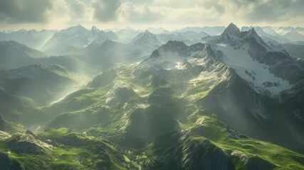 Wall Mural - majestic mountain peaks covered in snow and ice rise above green valleys, sunlight filters through c