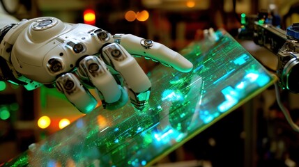 Poster - A close-up of a robotic gripper holding a delicate glass panel in a high-tech lab