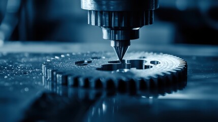Poster - A CNC milling machine carving a complex gear with precise detailing