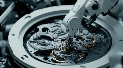Poster - Close-up of an AI-powered robotic arm assembling intricate watch components