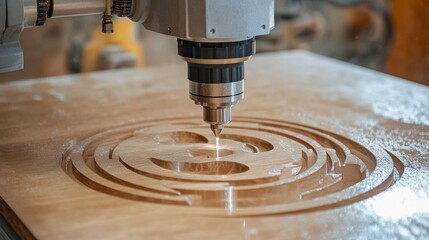 Poster - High-speed CNC router engraving wood with a fine laser beam