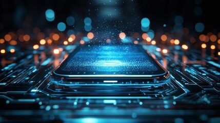 Fototapete - Futuristic Smartphone with Glowing Circuit Board Background