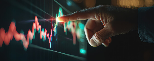 Poster - Hand touching stock market graph with red and green lines, indicating trends and data analysis