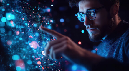Fototapete - Man interacting with digital interface, technology, data visualization, futuristic, glasses, focused, innovation, night