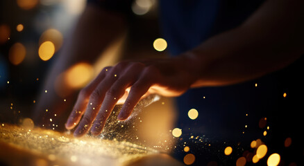 Poster - hand gently touches surface, creating magical display of sparkling particles