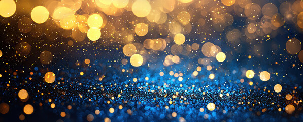 Poster - Golden bokeh lights shimmer on blue background, creating festive atmosphere