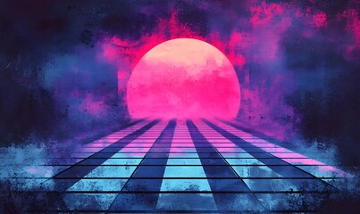 Wall Mural - a dark watercolor 80s neon background, generative ai