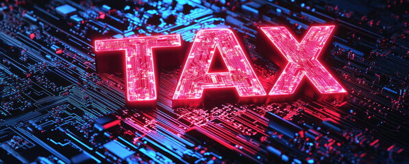Poster - Digital tax concept with glowing letters on circuit board background