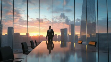 Poster - Confident businessman walking towards the window in a modern office located in a skyscraper, enjoying the breathtaking panoramic view of the city at sunrise