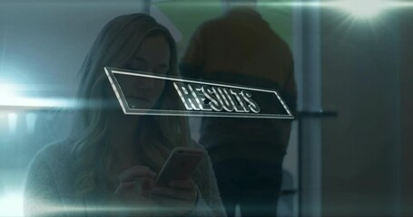 Poster - Using smartphone, woman viewing RESULTS text animation in school environment