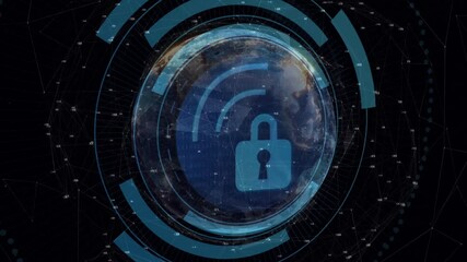 Poster - Animation of lock symbol over digital globe with binary code for cybersecurity