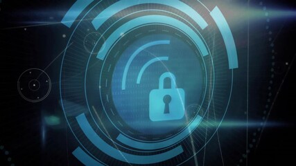 Poster - Animation of digital padlock with binary code and circular interface elements