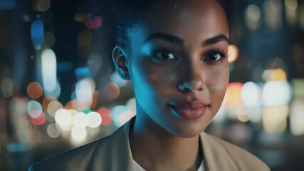 Poster - Confident businesswoman standing in front of blurred nighttime cityscape, augmented reality data streaming across professional portrait, embodying technological innovation and urban success