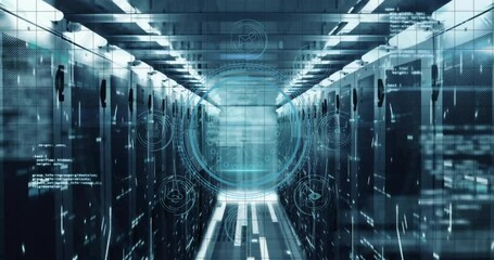 Poster - Animation of glowing lights in futuristic data center corridor with digital elements