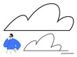 © robu_s - Man with hand on chin stands curiously examining two black-outlined cloud shapes. Ideal for creativity, inspiration, innovation, thinking, design concepts, minimalism, self-reflection. Flat simple